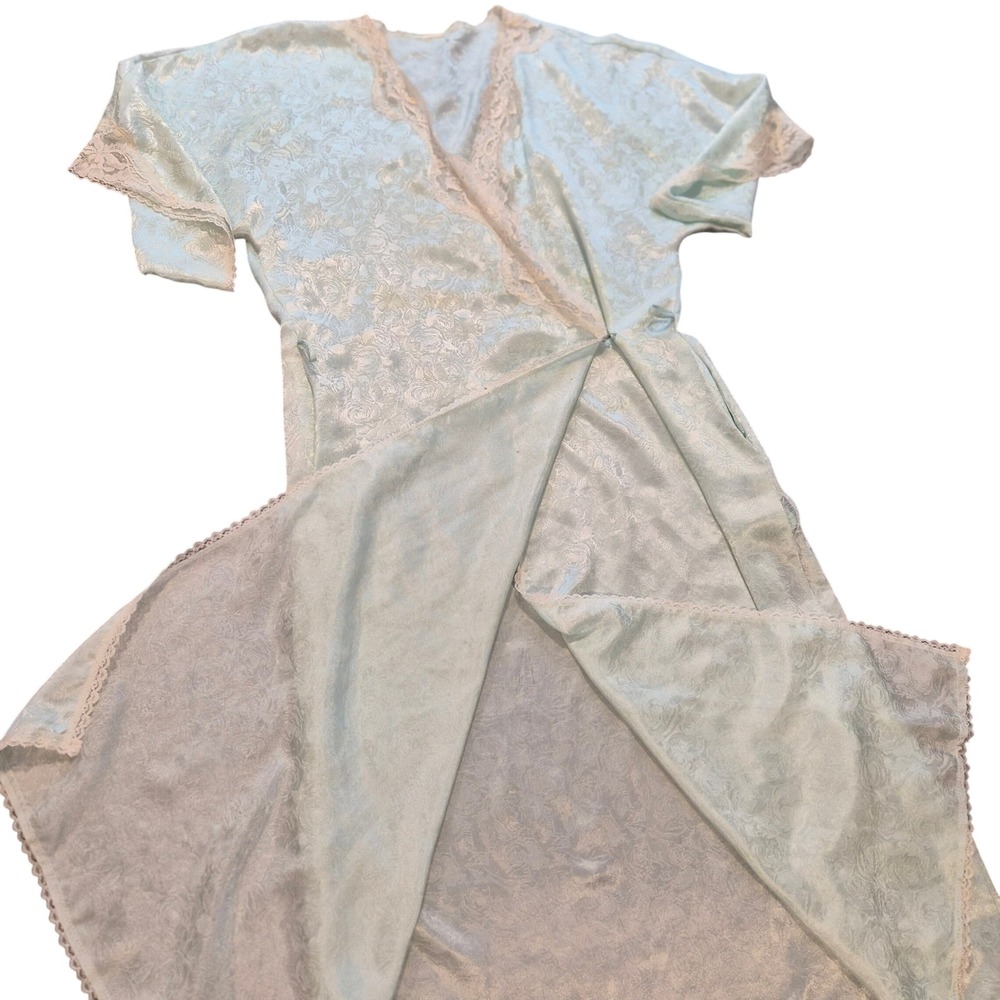 Vintage Floral Satin Jacquard Wrap Robe Light Blue Lace Trim Midi Loungewear